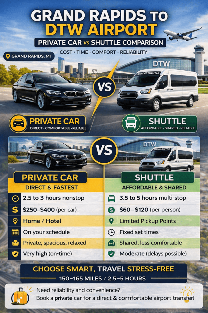 Grand Rapids to DTW Airport  Private Car vs Shuttle Comparison (Complete 2026 Guide)