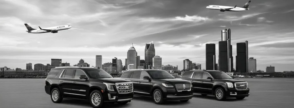 Premium fleet of black luxury SUVs and airplanes over the city skyline for Detroit Limo Service airport transfers.