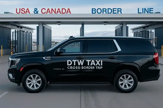 Black GMC Yukon XL with "DTW TAXI" branding ready for cross border